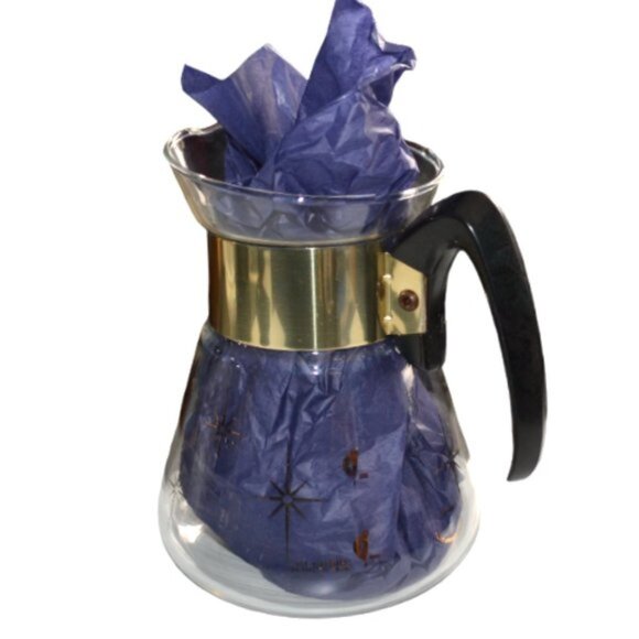 MCM Corning Clear Glass Stovetop Coffee Pot Atomic Starburst Pattern Gold Color - Picture 1 of 8